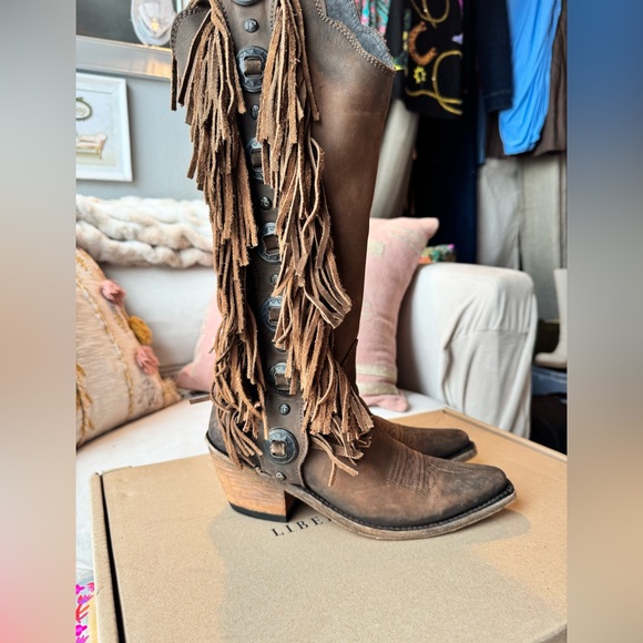 Like New, With Box Liberty Black Brown Fringe Trim Heeled Ophelia Cowboy Boots - Picture 8 of 17